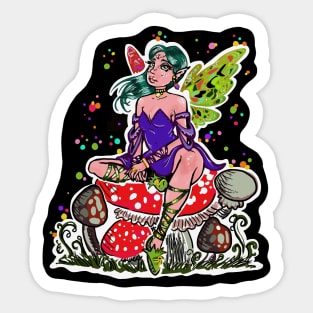 Colorful Fairy Sitting on Mushrooms Sticker